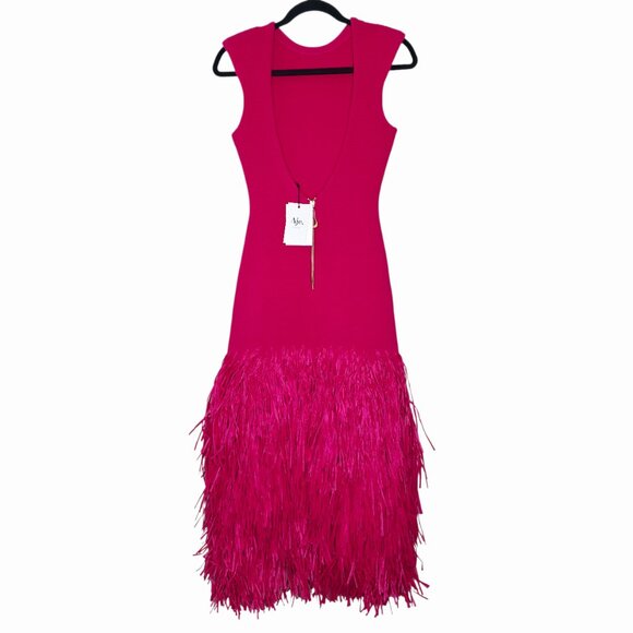 Aje Rushes Raffia Midi Dress Deep Fuchsia Pink Knit Fringe Ribbed Size XS - Picture 8 of 13